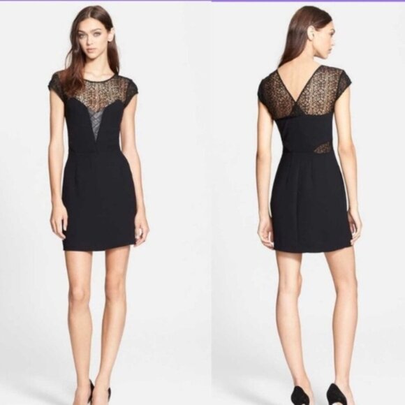 The Kooples Robe Lace & Leather Mini Dress Crepe Cap sleeve Black Size XS - Picture 3 of 16